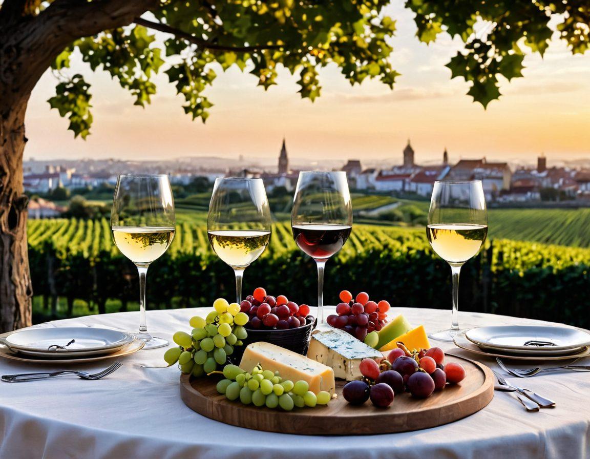 A beautifully arranged table featuring elegant glasses of deep red and crisp white wines, surrounded by Dublin's iconic landmarks in the background. Accents of lush green vineyards and oak barrels add warmth and richness, with a soft golden glow illuminating the scene. Include a sophisticated wine tasting setup, complete with artisanal cheese and fruits. The ambiance should reflect luxury and passion for wine culture. super-realistic. vibrant colors. elegant vintage style.